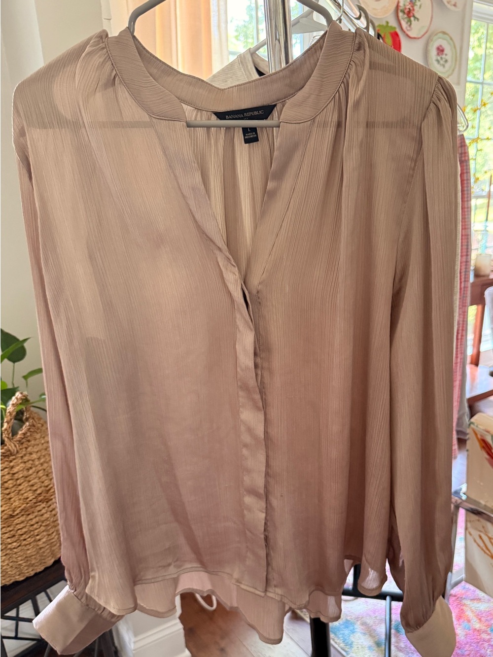 Banana Republic Taupe V-Neck Long Sleeve Sheer Blouse